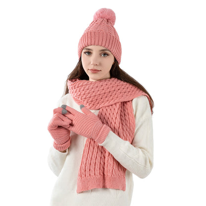 Warm Wool Knitting Hat, Scarf And Gloves Three-piece Set