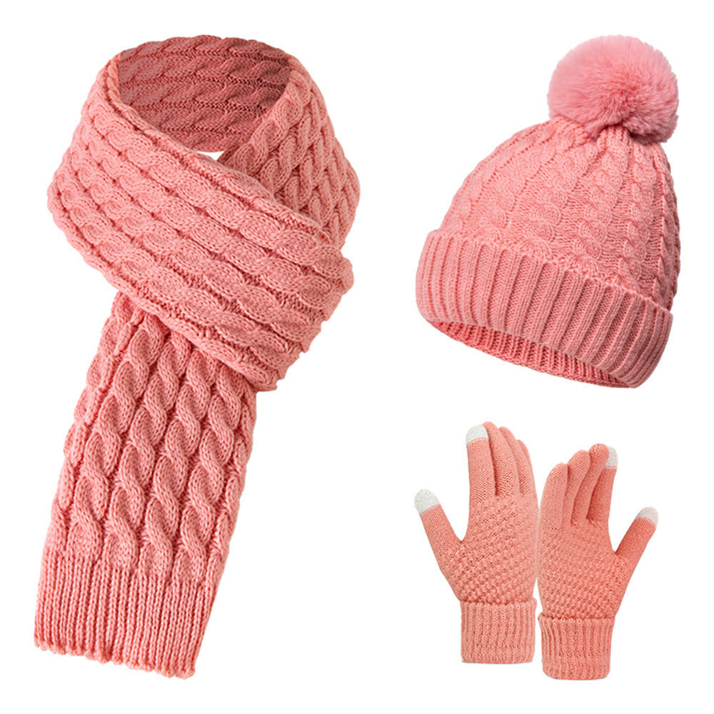 Warm Wool Knitting Hat, Scarf And Gloves Three-piece Set