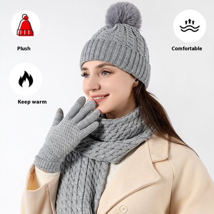 Warm Wool Knitting Hat, Scarf And Gloves Three-piece Set