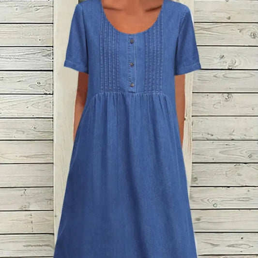 U-shaped Collar Mid-length Elegant Denim Short Sleeve Dress