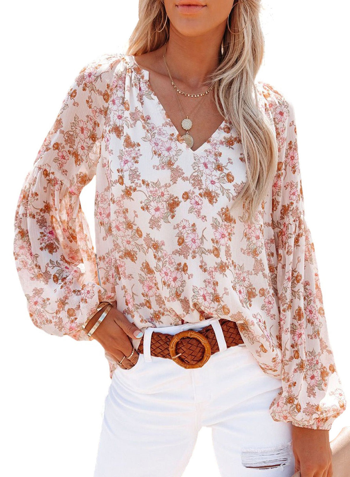 Women's V-Neck Lantern Sleeve T-Blood Floral Chiffon Shirt