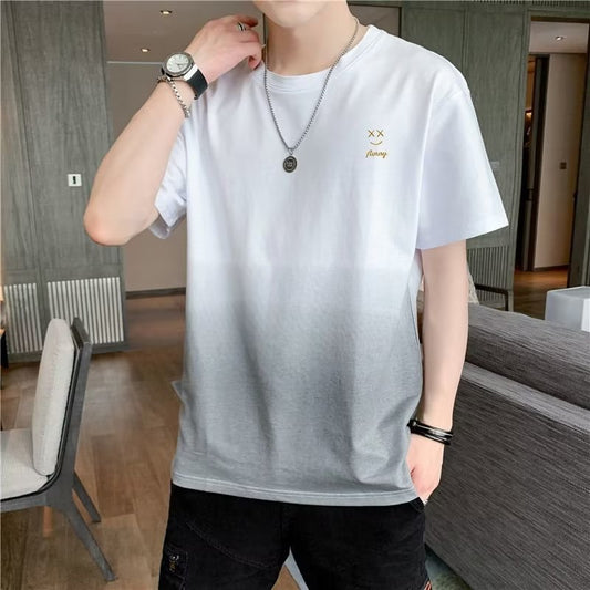 Summer Men's Gradient Color Short Sleeve Men's Casual Youth Round Neck