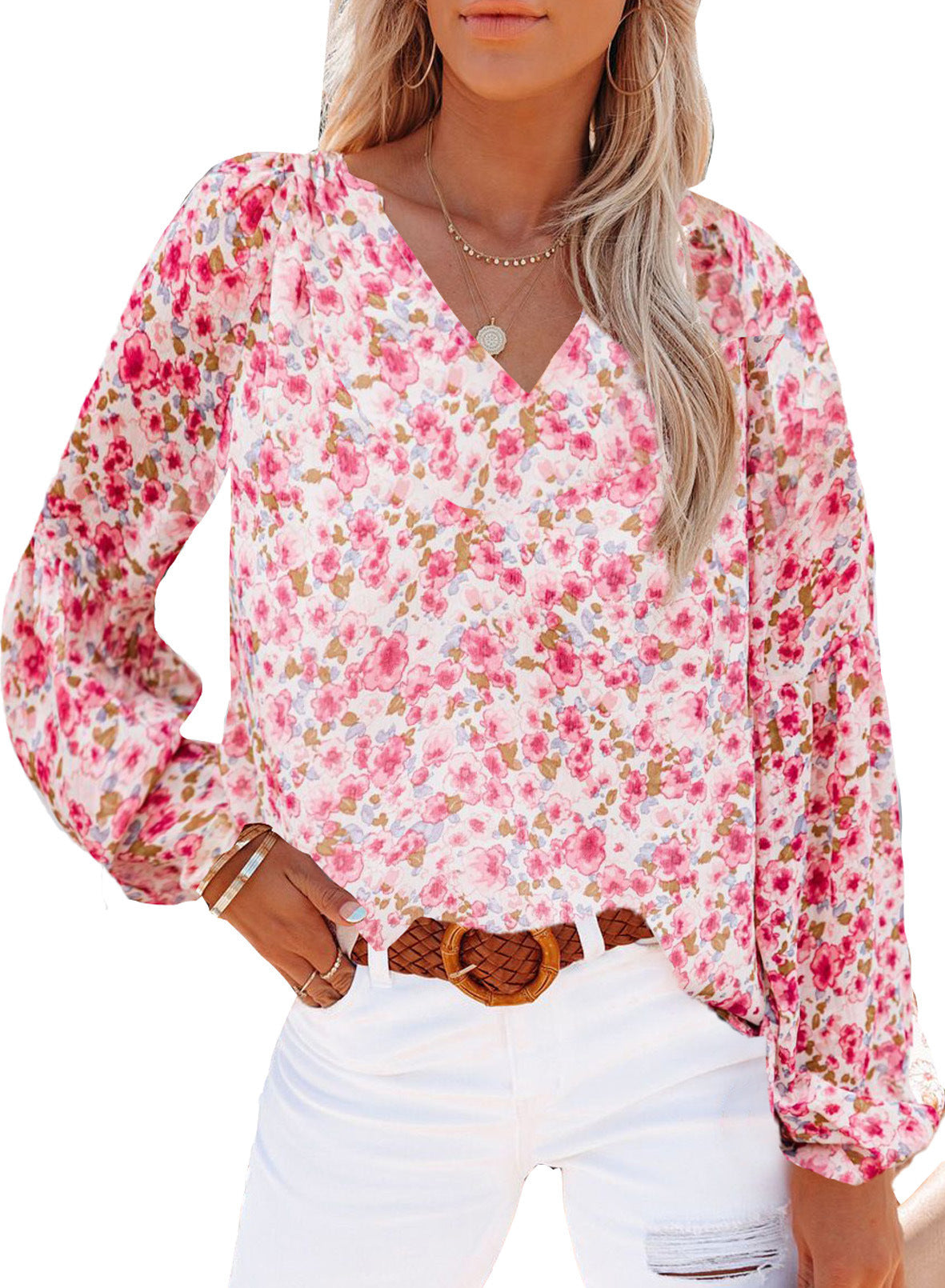 Women's V-Neck Lantern Sleeve T-Blood Floral Chiffon Shirt