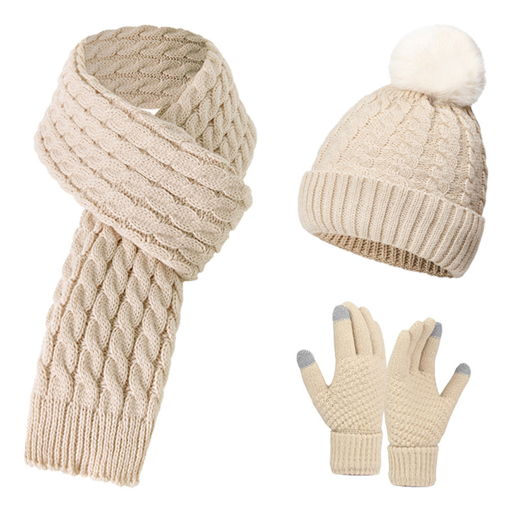 Warm Wool Knitting Hat, Scarf And Gloves Three-piece Set