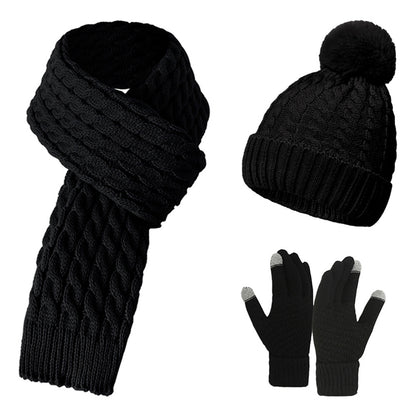 Warm Wool Knitting Hat, Scarf And Gloves Three-piece Set