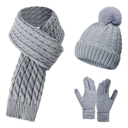 Warm Wool Knitting Hat, Scarf And Gloves Three-piece Set