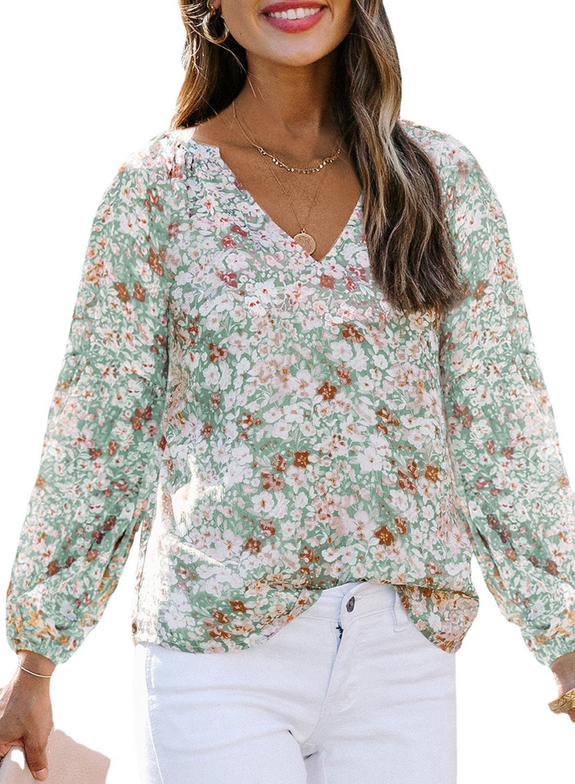 Women's V-Neck Lantern Sleeve T-Blood Floral Chiffon Shirt