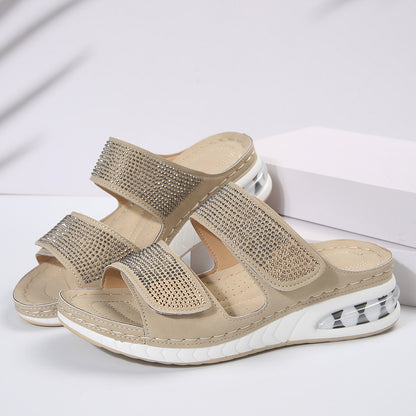 New Air Cushion Wedges Sandals Summer Casual Rhinestone Slides Roman Sandals For Women Non-slip Beach Shoes