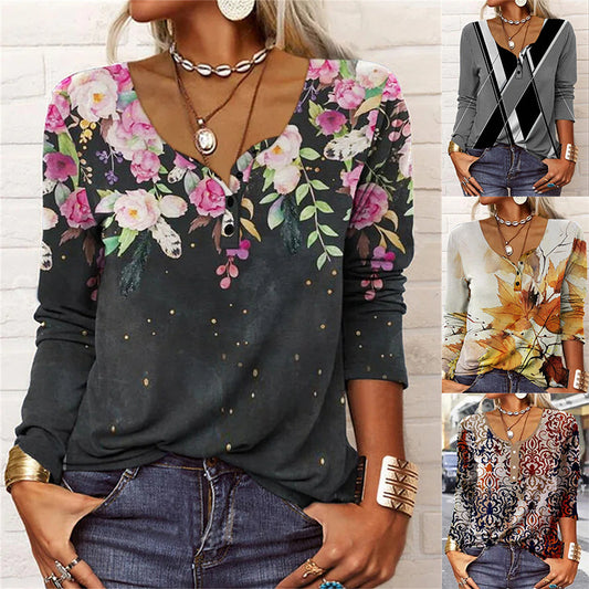 Loose Long Sleeve Geometric Floral U-neck Button