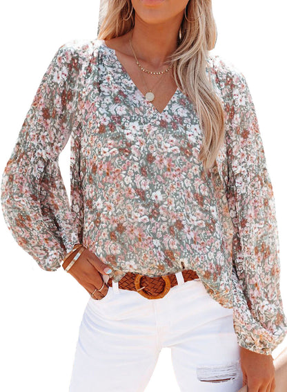 Women's V-Neck Lantern Sleeve T-Blood Floral Chiffon Shirt