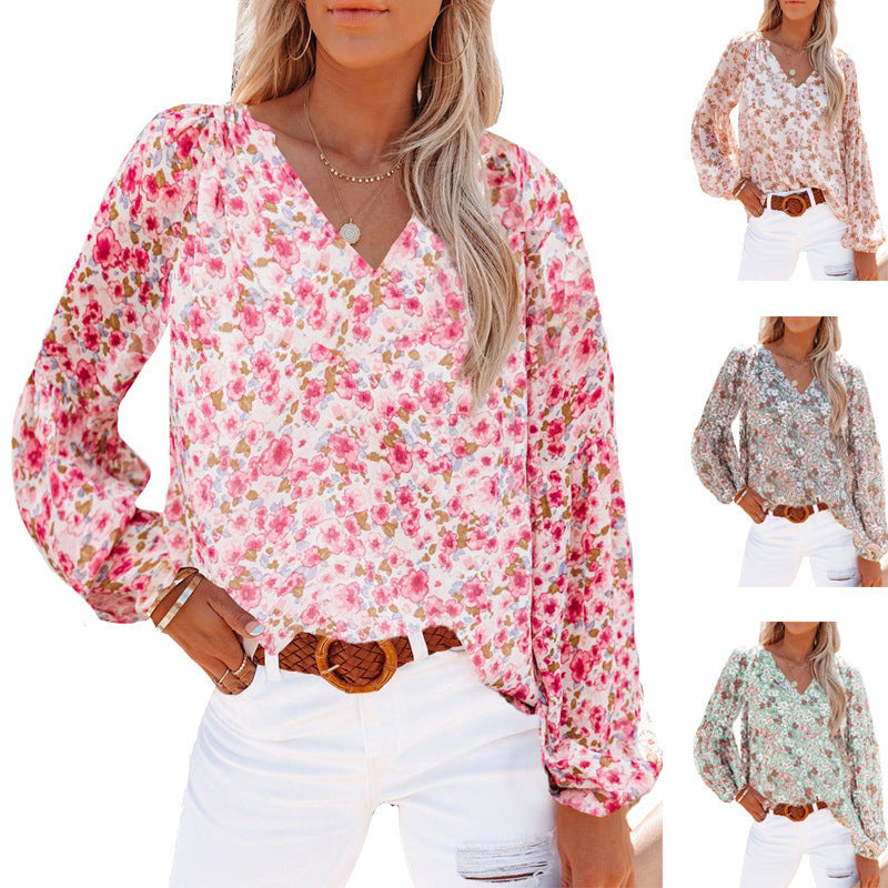 Women's V-Neck Lantern Sleeve T-Blood Floral Chiffon Shirt