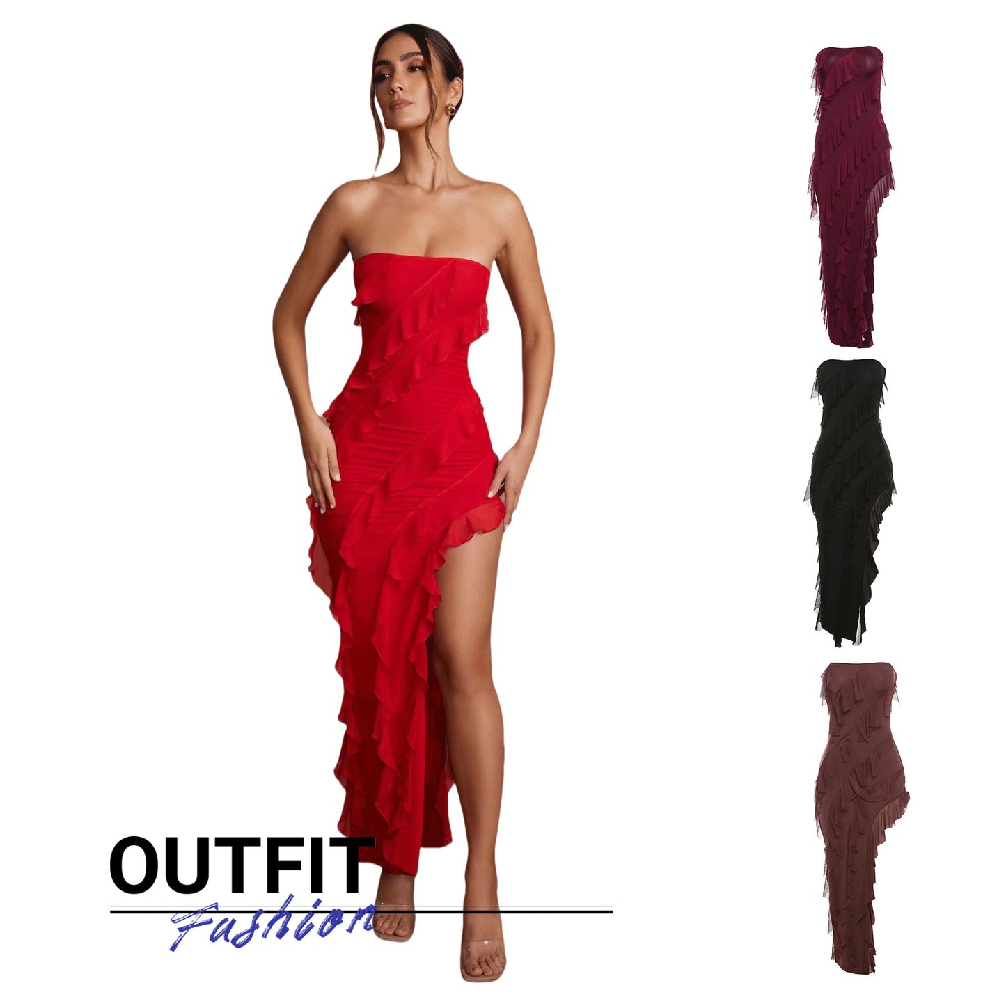 2024 Summer Trend Skinny Women's Fashion Tube Top Backless Split Tassel Dress Birthday Party Clubwear