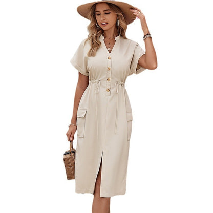 Women's Linen Drawstring Waist Slit V-neck Dress