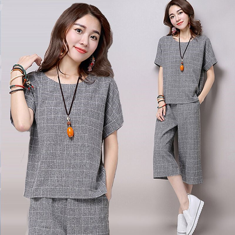 Women's Loose Short-sleeved Cropped Wide-leg Pants Suit