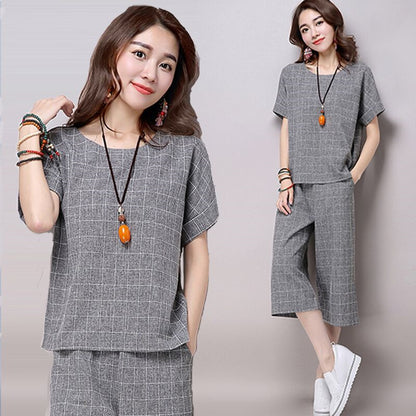 Women's Loose Short-sleeved Cropped Wide-leg Pants Suit