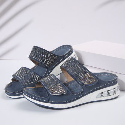 New Air Cushion Wedges Sandals Summer Casual Rhinestone Slides Roman Sandals For Women Non-slip Beach Shoes