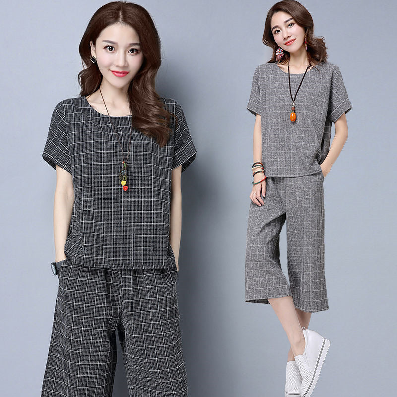 Women's Loose Short-sleeved Cropped Wide-leg Pants Suit