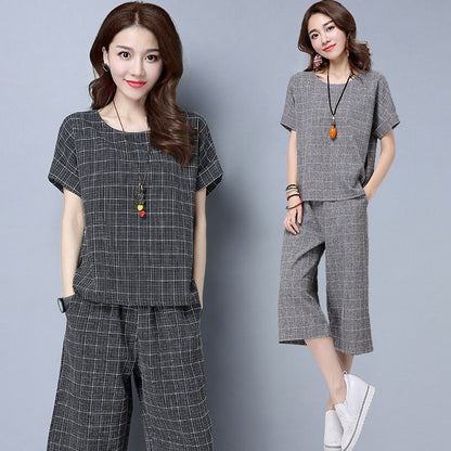 Women's Loose Short-sleeved Cropped Wide-leg Pants Suit